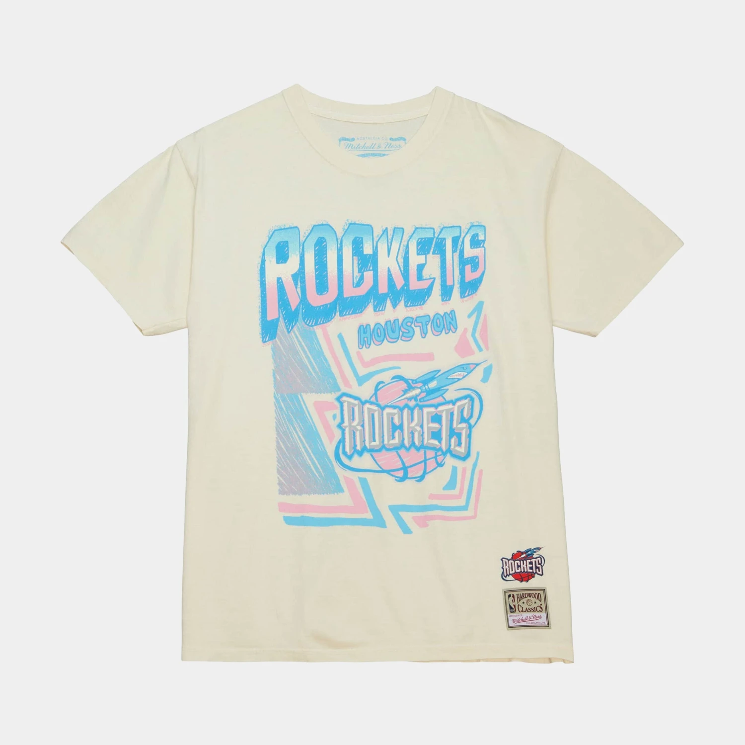 Mitchell & Ness Houston Rockets Sidewalk Sketch Mens Short Sleeve Shirt (Beige/Blue) 1 Mitchell & Ness Houston Rockets Sidewalk Sketch Mens Short Sleeve Shirt (Beige/Blue)