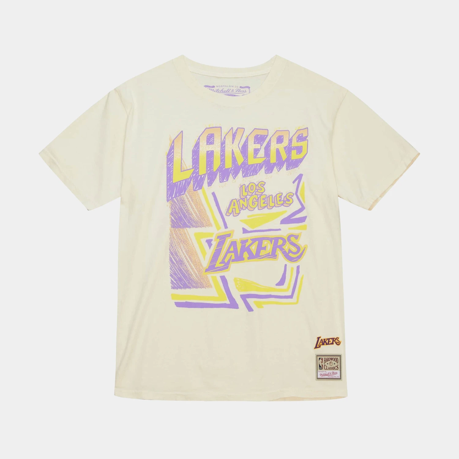 Mitchell & Ness Los Angeles Lakers Sidewalk Sketch Mens Short Sleeve Shirt (Beige/Purple) 1 Mitchell & Ness Los Angeles Lakers Sidewalk Sketch Mens Short Sleeve Shirt (Beige/Purple)