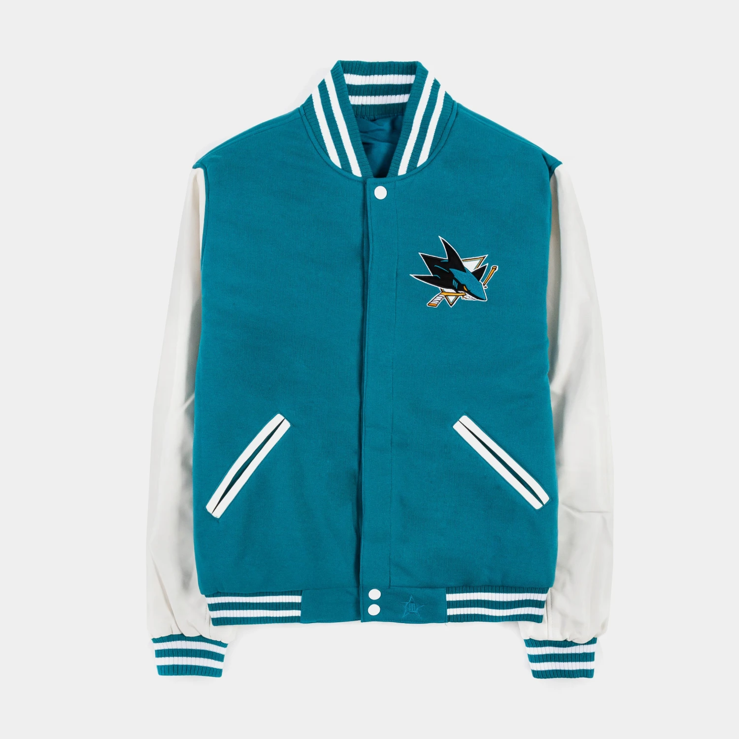 San Jose Sharks Reversible Letterman Mens Jacket (Teal/White) 1 San Jose Sharks Reversible Letterman Mens Jacket (Teal/White)