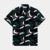 Flying Cranes Woven Rayon Mens Short Sleeve Shirt (Black/Green)