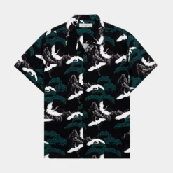 Flying Cranes Woven Rayon Mens Short Sleeve Shirt (Black/Green)