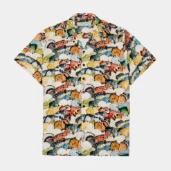 Butterfly Woven Rayon Button Up Mens Shirt (White/Multi)