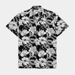 Floral Snakes Woven Rayon Button Up Mens Shirt (Black)
